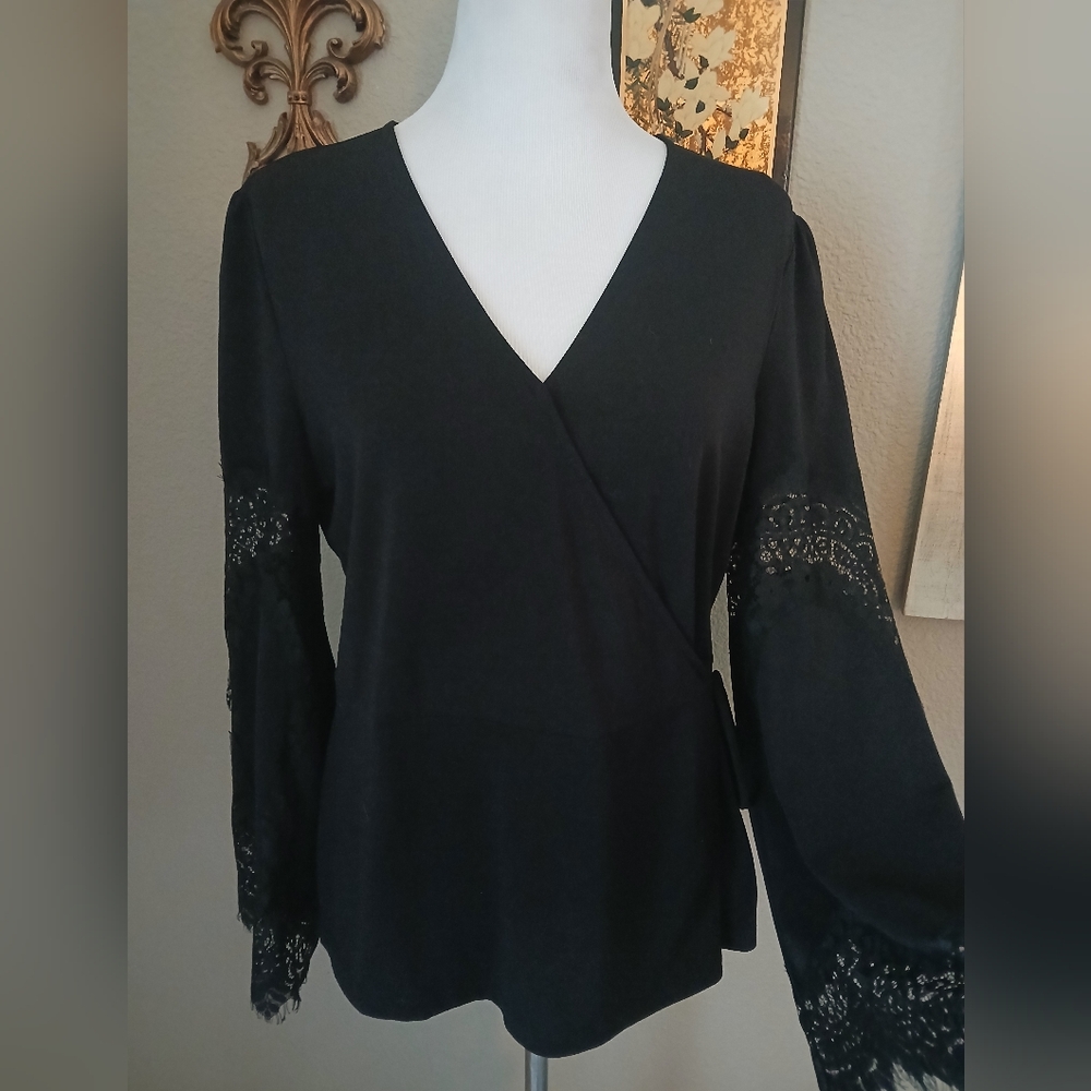 Adriana Papel Black Lace Sleeve Women's Top